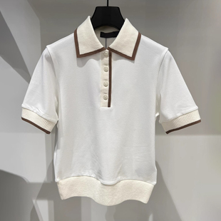 出口原单高尔夫女装翻领半系扣短袖T恤夏季新款条纹撞色运动上衣