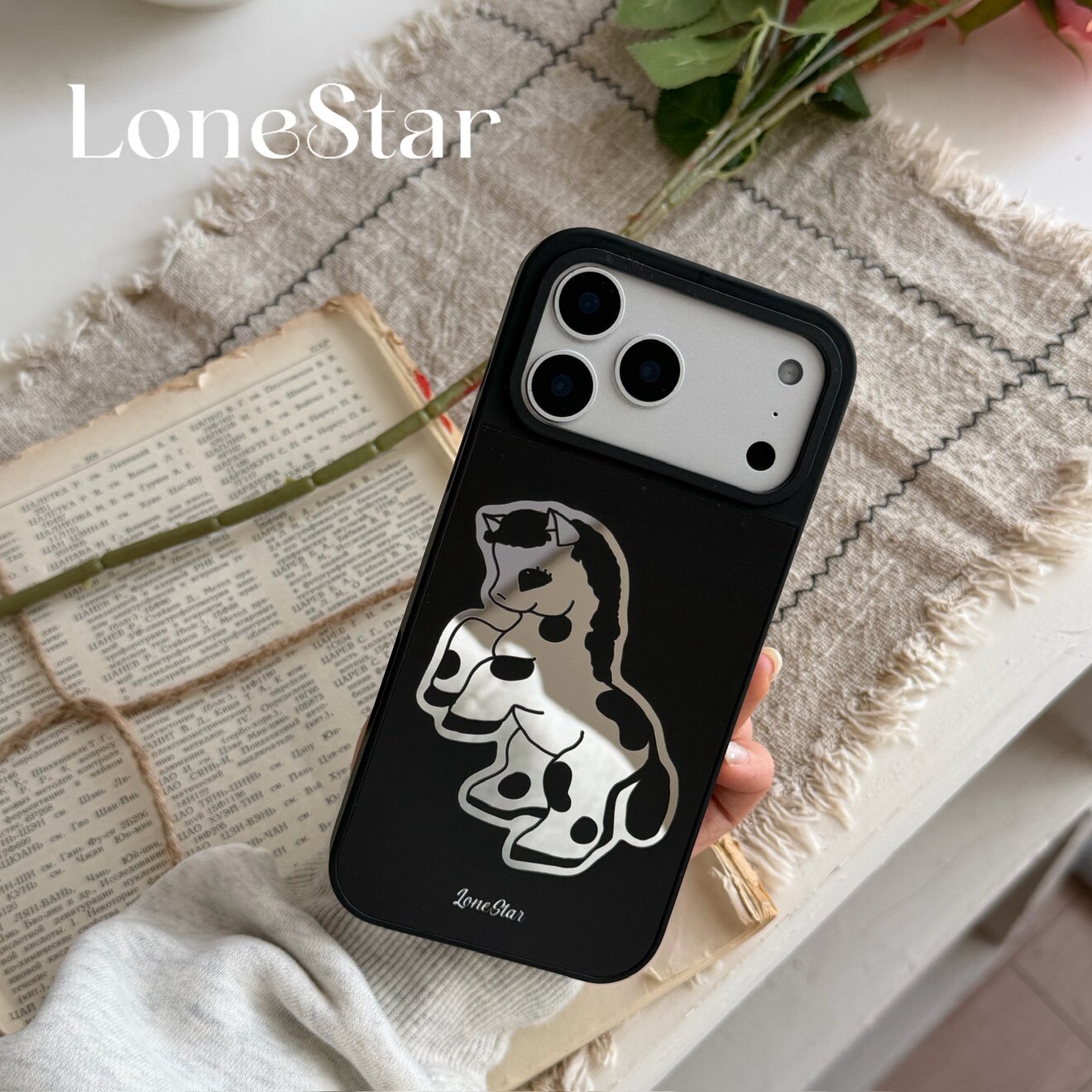 LoneStar原创波点小马可爱复古百搭简约印花镜面黑边壳适用苹果17promax全包大孔手机壳,3C数码配件,手机保护套/壳,淘宝优惠券,粉丝福利购,淘宝优惠卷