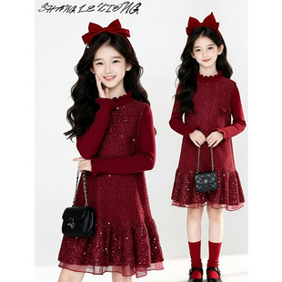 红色女童连衣裙新年服装亮片裙子冬装2026新款拜年服套装儿童衣服