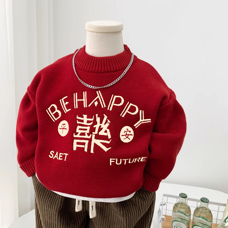 男女童新年红色毛衣冬季儿童一体绒针织加绒打底上衣针织衫拜年服