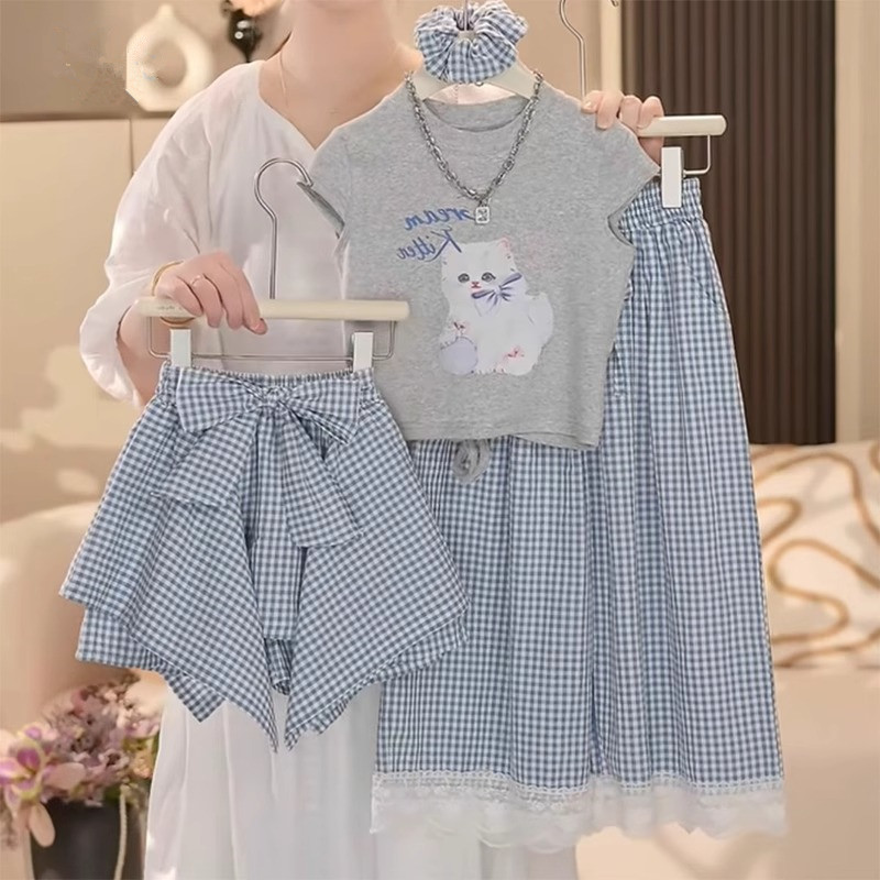 女童夏套装2025新款韩版炸街夏装女孩格子裤两件套儿童夏季套裙子