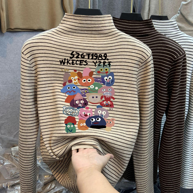 女童半高领德绒条纹打底衫秋冬