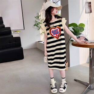 女童连衣裙夏季2025新款洋气针织女孩t恤裙夏装儿童裙子大童长裙9