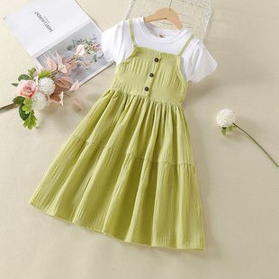 小学生儿童裙子 2024韩版 洋气假两件公主裙短袖 女童连衣裙夏装 新款
