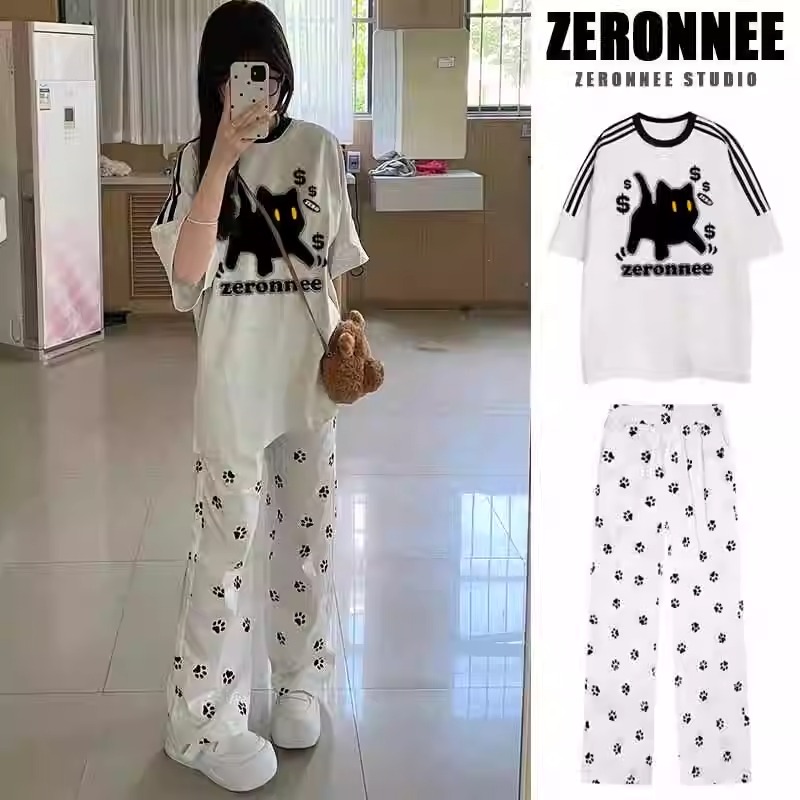 女童夏季新款韩版运动套装短袖T恤+可爱狗狗爪印花阔腿裤两件套