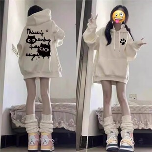 女童字母猫咪连帽卫衣春秋薄款 小学生卡通印花学院风大童潮上衣服