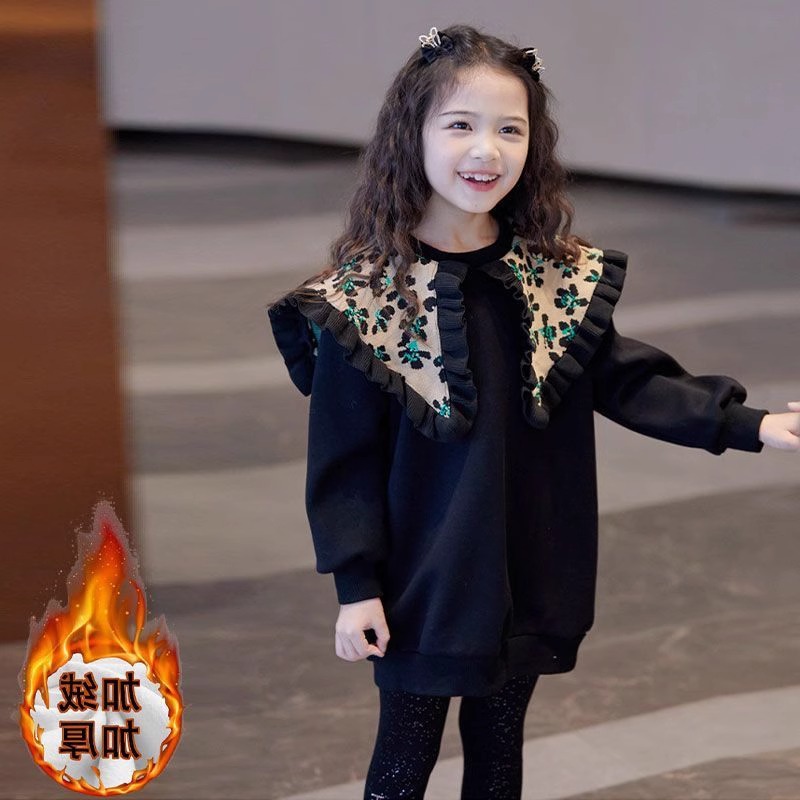 女童秋冬加绒加厚卫衣中大童上衣