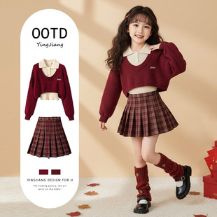 女童巨好看过年衣服2026超火冬季一整套初中生红毛衣两件套套装裙