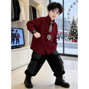 男童加绒衬衫2026新款秋冬季酷帅领带衬衣儿童加厚红色上衣新年服