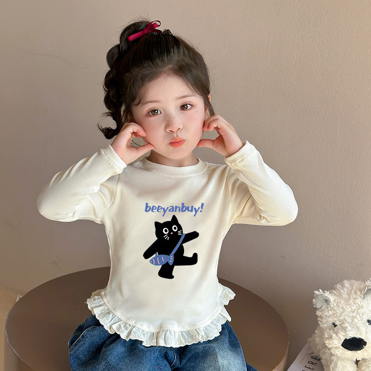 女童蕾丝花边长袖t恤2025春秋新款儿童猫咪打底衫中大童纯棉上衣