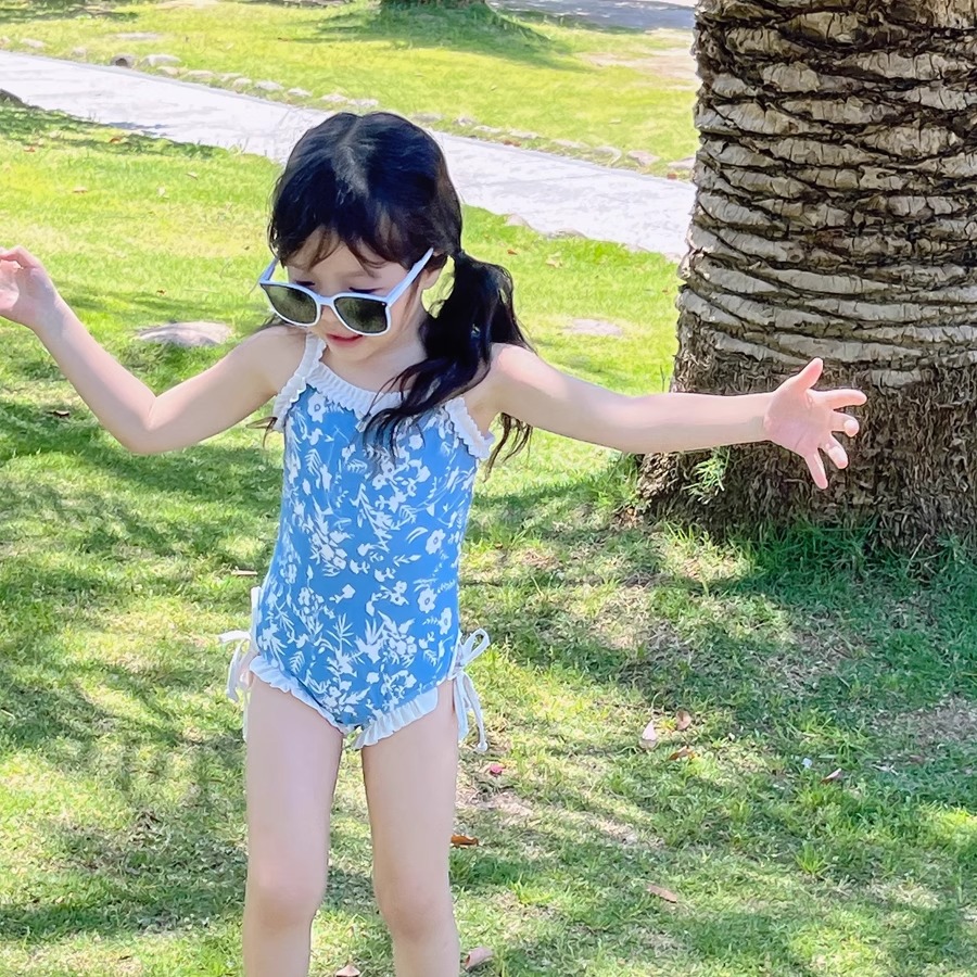 女童蝴蝶结泳衣夏季女宝宝碎花连体泳衣裤速干韩版女孩海边游泳装