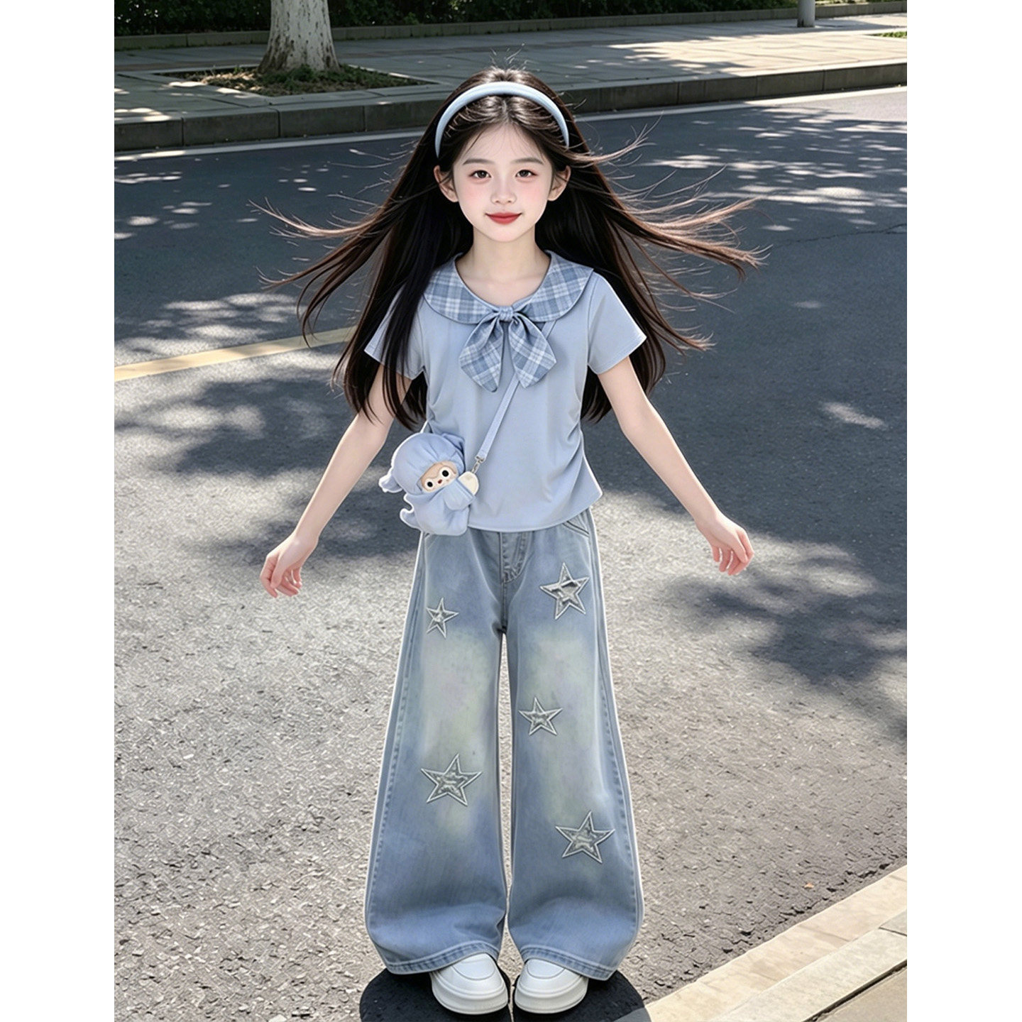 女童短袖T恤夏装2026新款儿童季薄款半袖上衣女大童牛仔裤两件套
