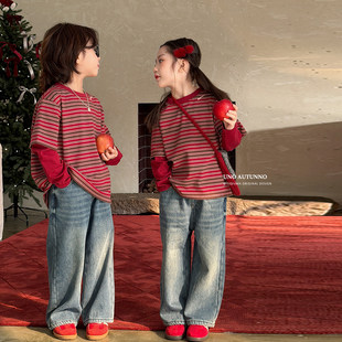 儿童红色条纹假两件T恤长袖2026春秋新款男女童宝宝上衣打底衫