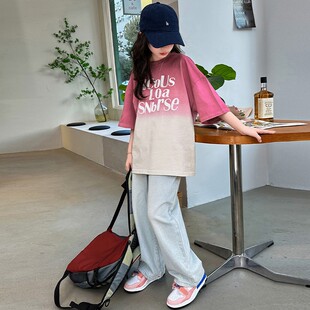 女童夏季套装2025新款洋气大童夏装纯棉童装短袖t恤牛仔裤两件套