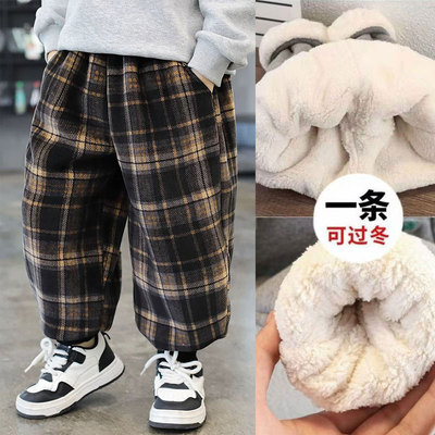 男童裤子加绒加厚冬装儿童格子裤