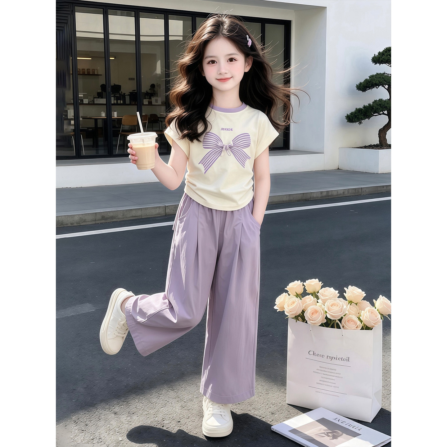儿童洋气短袖T恤女孩夏季阔腿裤图片