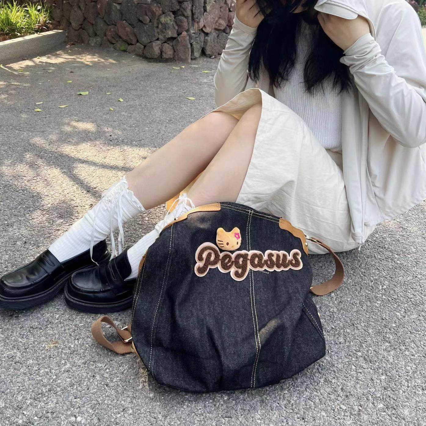 通勤牛仔布撞色kitty女托特包