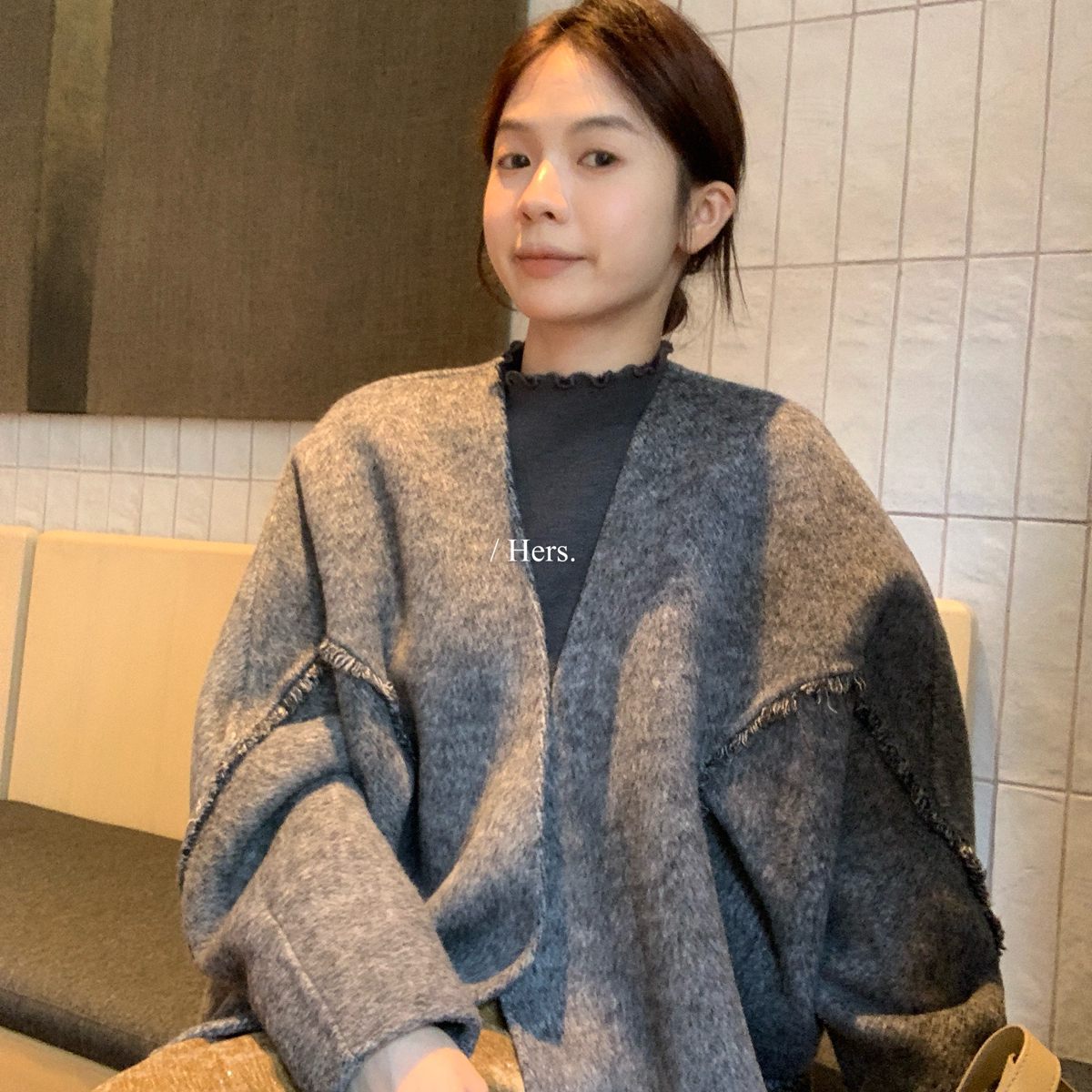 米米冬上新简约高品质重工蝙蝠袖廓形羊毛外套(含70羊毛)92667#