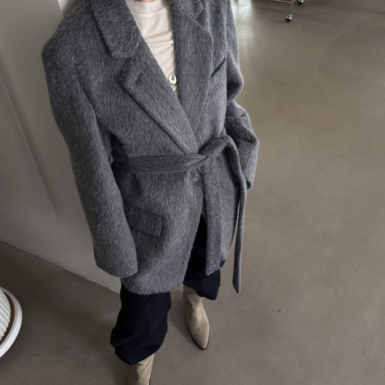 米米冬上新复古风宽松毛呢中长款加厚西装(配飘带)363D226