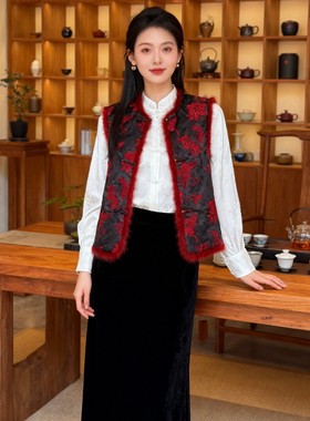 米米店冬上新新中式提花拼接红色水貂毛国风蚕丝棉马甲YS30-G119