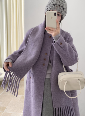 米米领长款质感版型超显瘦羊毛外套(配围巾)（含80羊毛）120303W2
