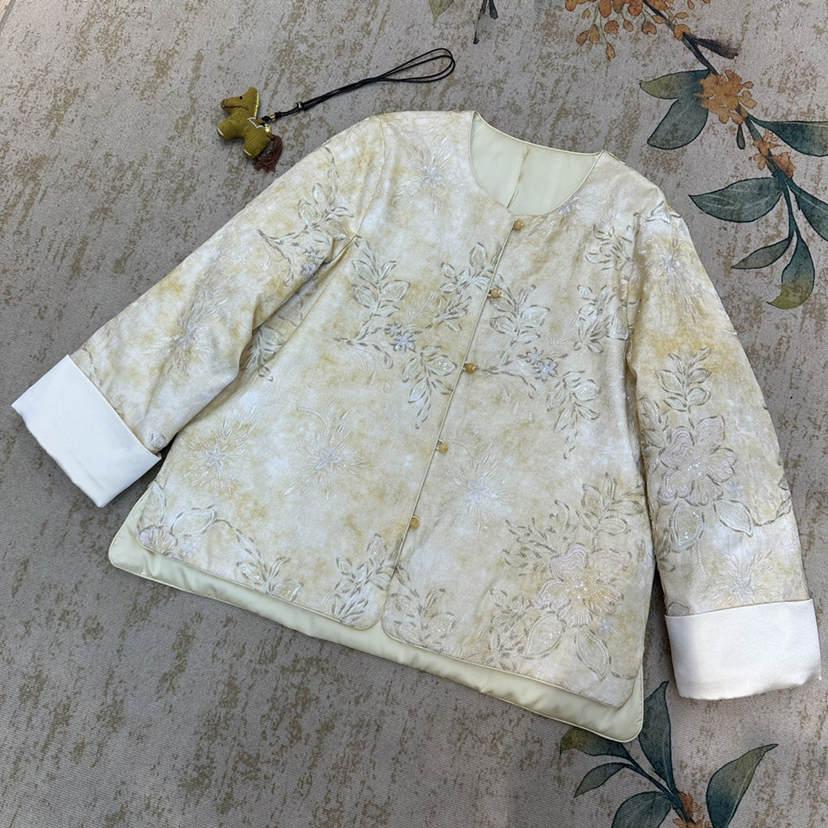 米米冬上新新中式提花圆领单排扣保暖棉服外套(无配件)X320166