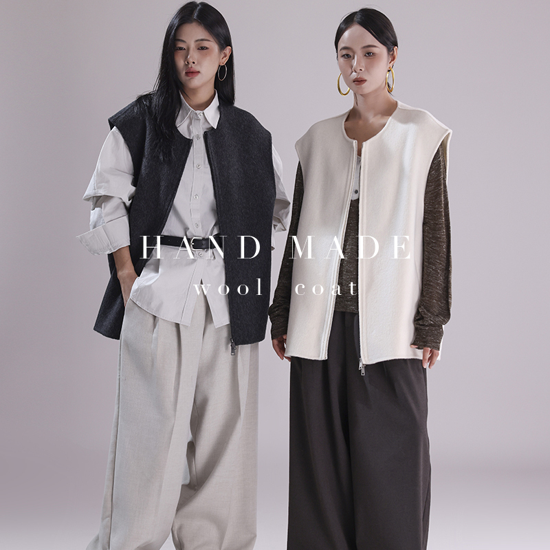 米米东大门双面手缝羊毛大衣女短款马甲羊毛外套（含100羊毛）G50