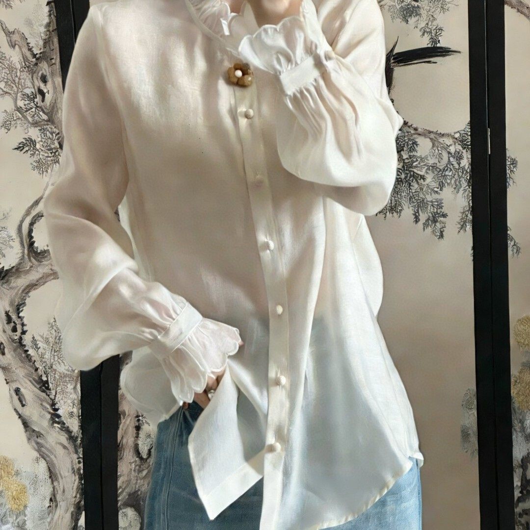 米米店26年早春法式木耳边单排扣天丝小衫YS243-G416,女装/女士精品,毛针织衫,淘宝优惠券,粉丝福利购,淘宝优惠卷