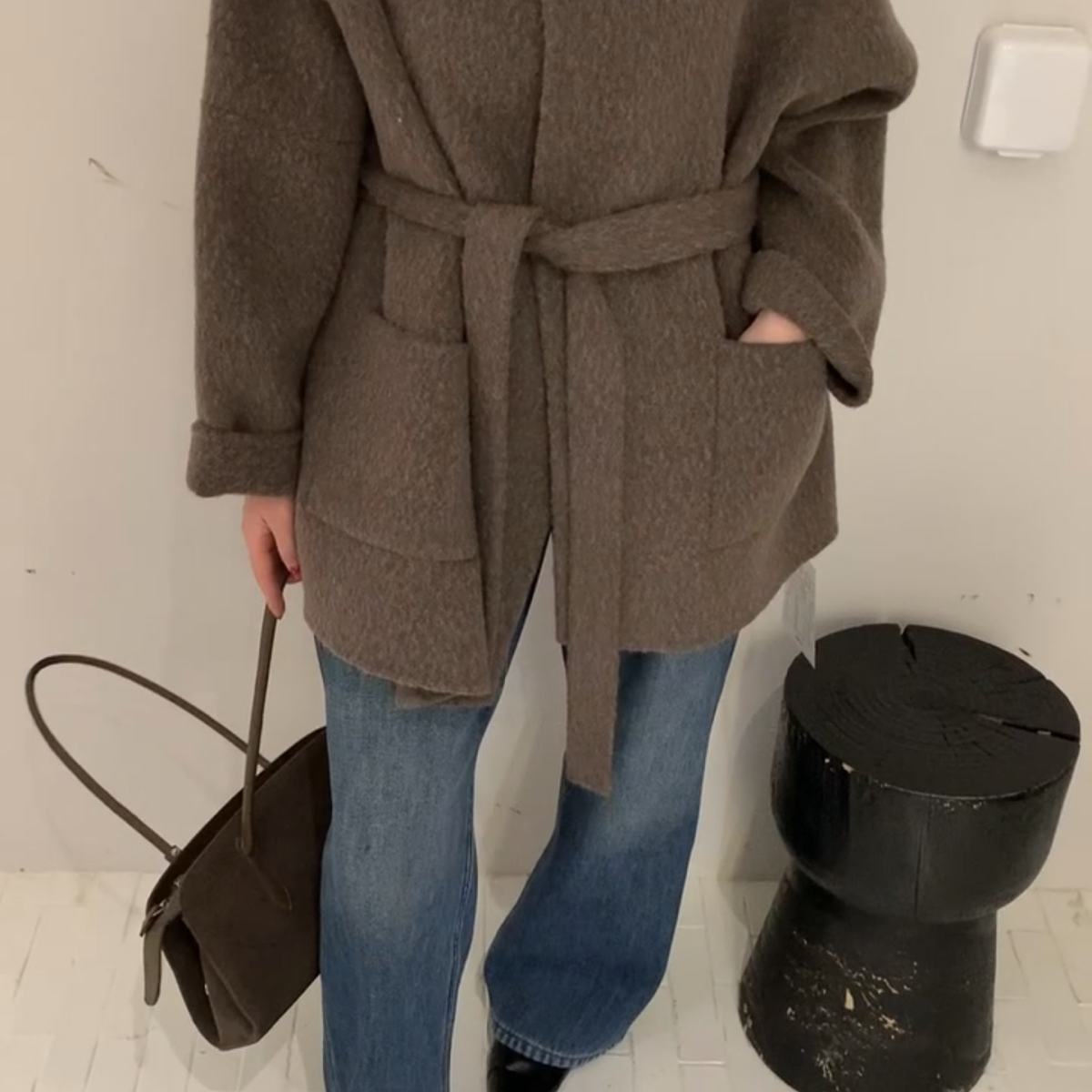 米米小众设计手长大衣羊毛外套(配腰带)（含90羊毛）CC4002