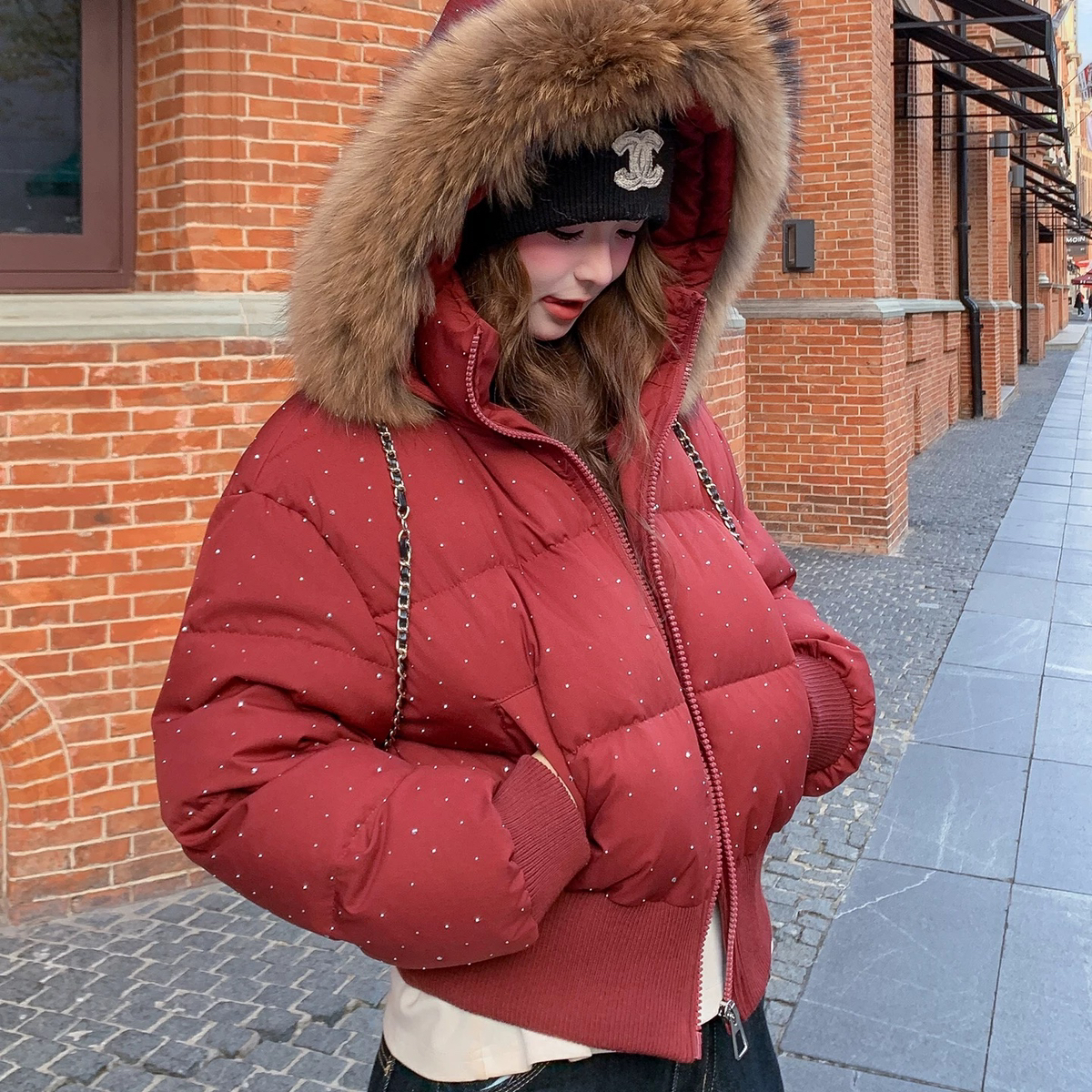 米米店毛领小个子加厚烫钻保暖羽绒服外套(可拆卸毛领)201