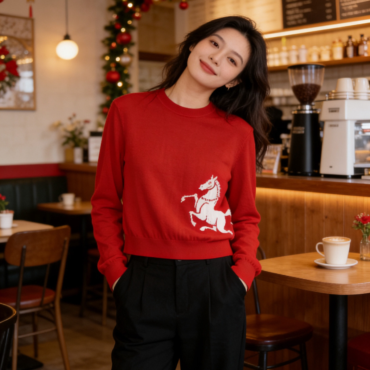 米米冬上新新年红男女同款圆领长袖生肖小马提花羊绒衫R90956,自行车/骑行装备/零配件,自行车整车大保养工时,淘宝优惠券,粉丝福利购,淘宝优惠卷