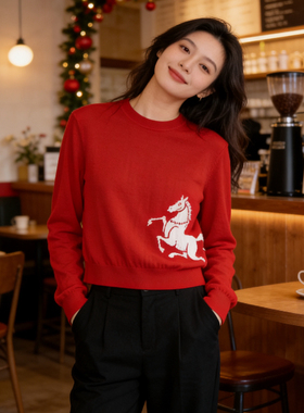 米米冬上新新年红男女同款圆领长袖生肖小马提花羊绒衫R90956
