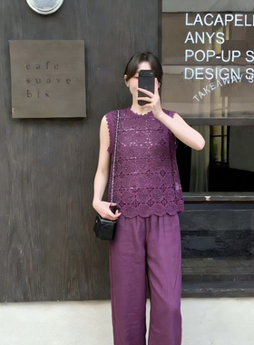 米米店早春上新啦慵懒风镂空上衣+亚麻休闲裤两件套装YS16-Js421