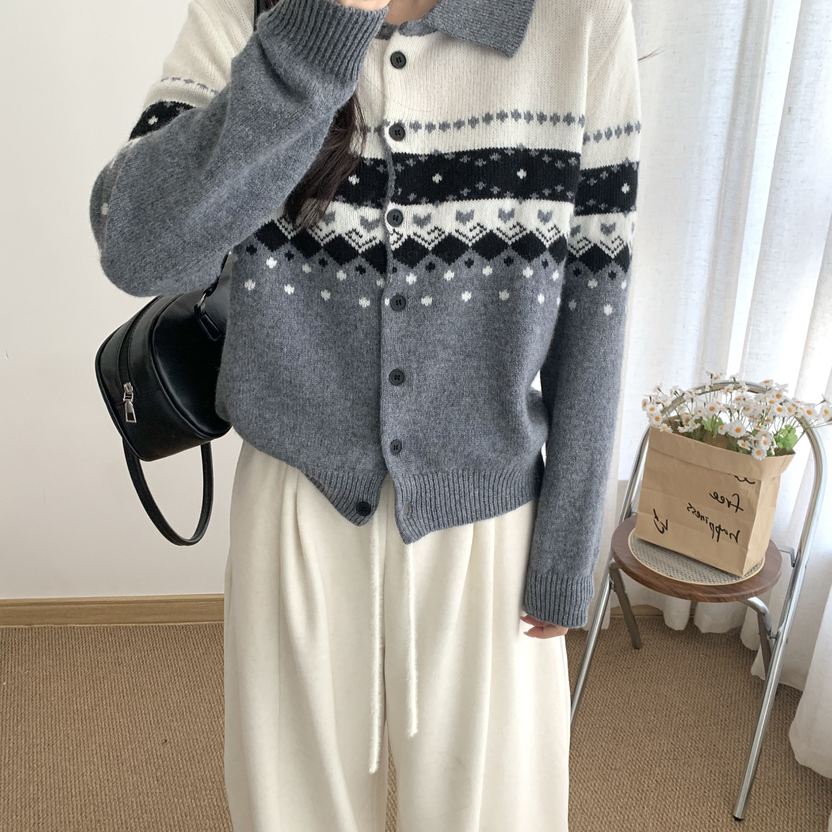 米米设计秋上新全毛翻领针织开衫图案保暖毛衣（含100羊毛）M5583