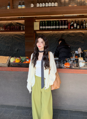 米米设计针织开衫+吊带背心+绿色宽松休闲阔腿裤套装Y26-5519