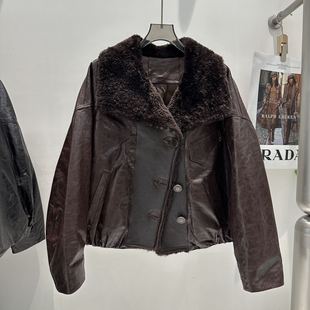 米米店鹅绒羊皮外套机车夹克厚面皮衣 FSAL069M 配不可拆卸毛领