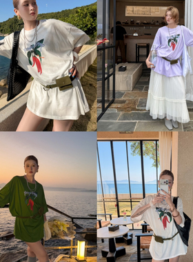 米米店26年早春清新绿系辣椒图案印花宽松短袖T恤71672