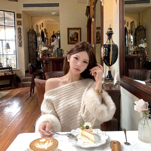 YS4 不配腰带 7205 针织衫 米米套头毛衣女斜肩宽松慵懒蝙蝠袖