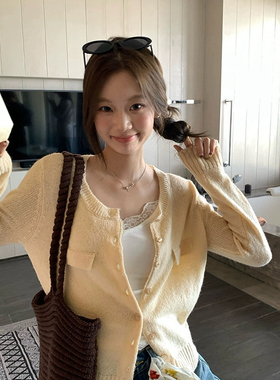 米米店系洋气百搭纯色圆领单排扣假口袋拼接设计针织开衫A22936