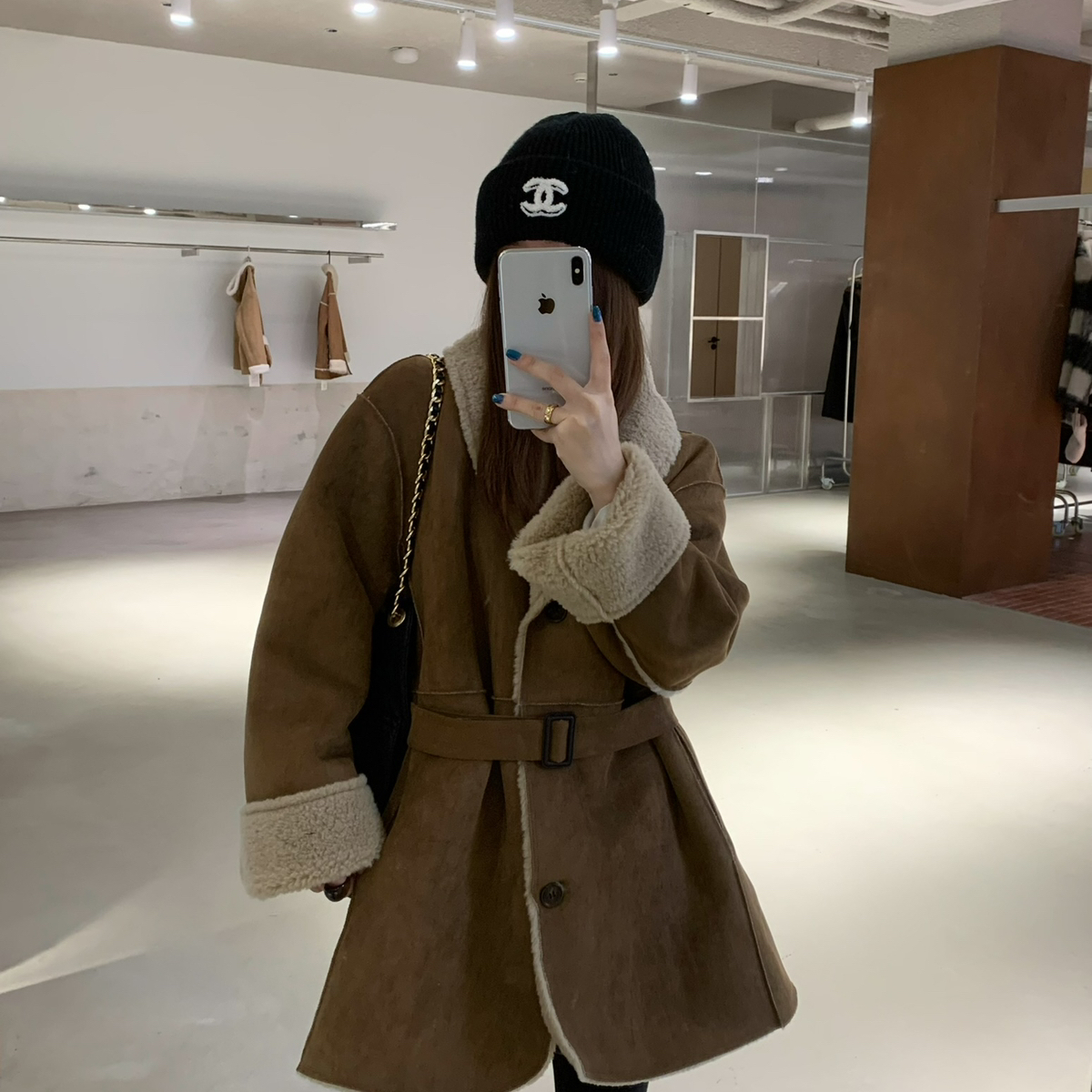 米米店冬上新韩系收腰款皮毛一体显瘦短外套(配腰带)p258014