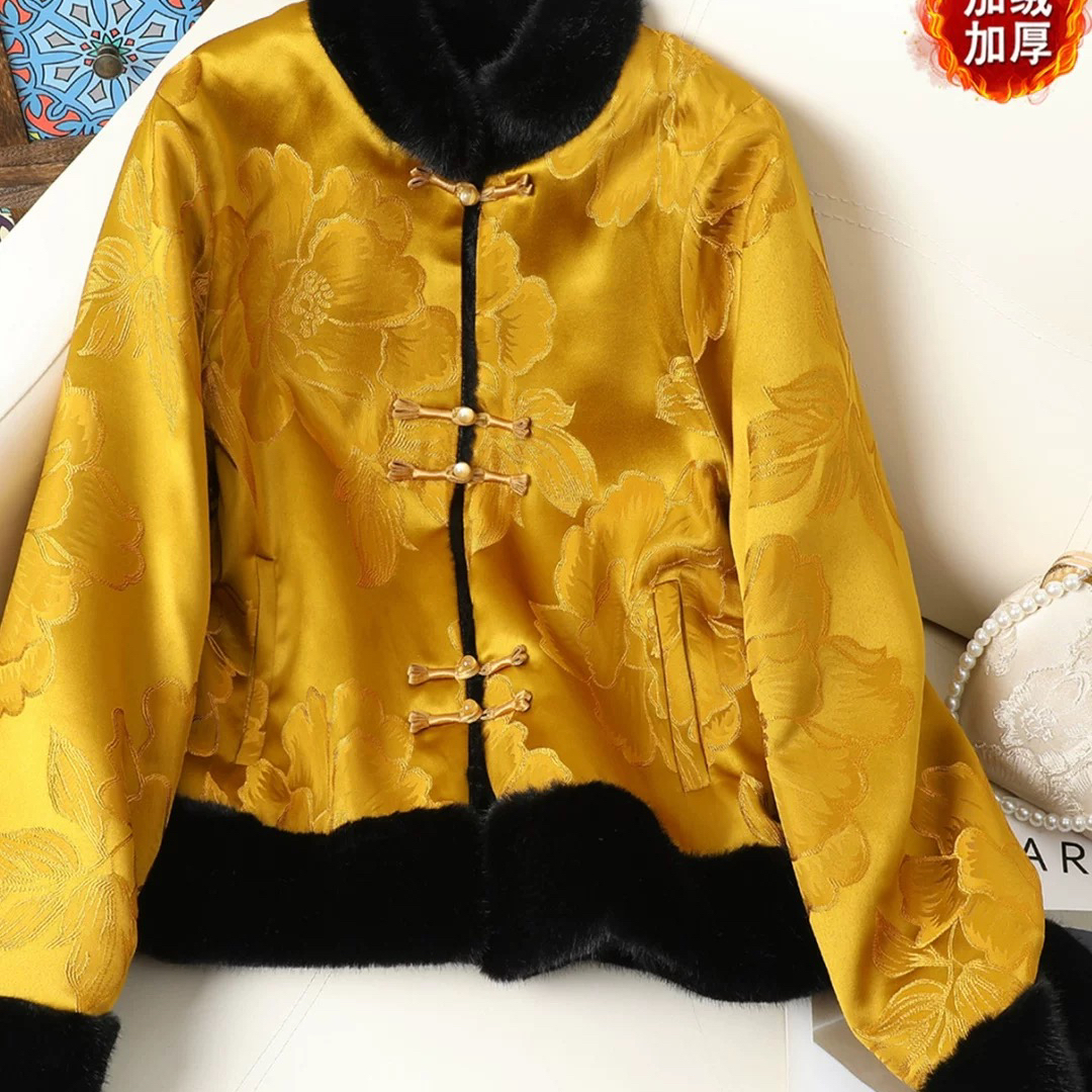 米米中式国风盘扣毛绒领口加绒加厚高级感棉袄短外套YXX01412099