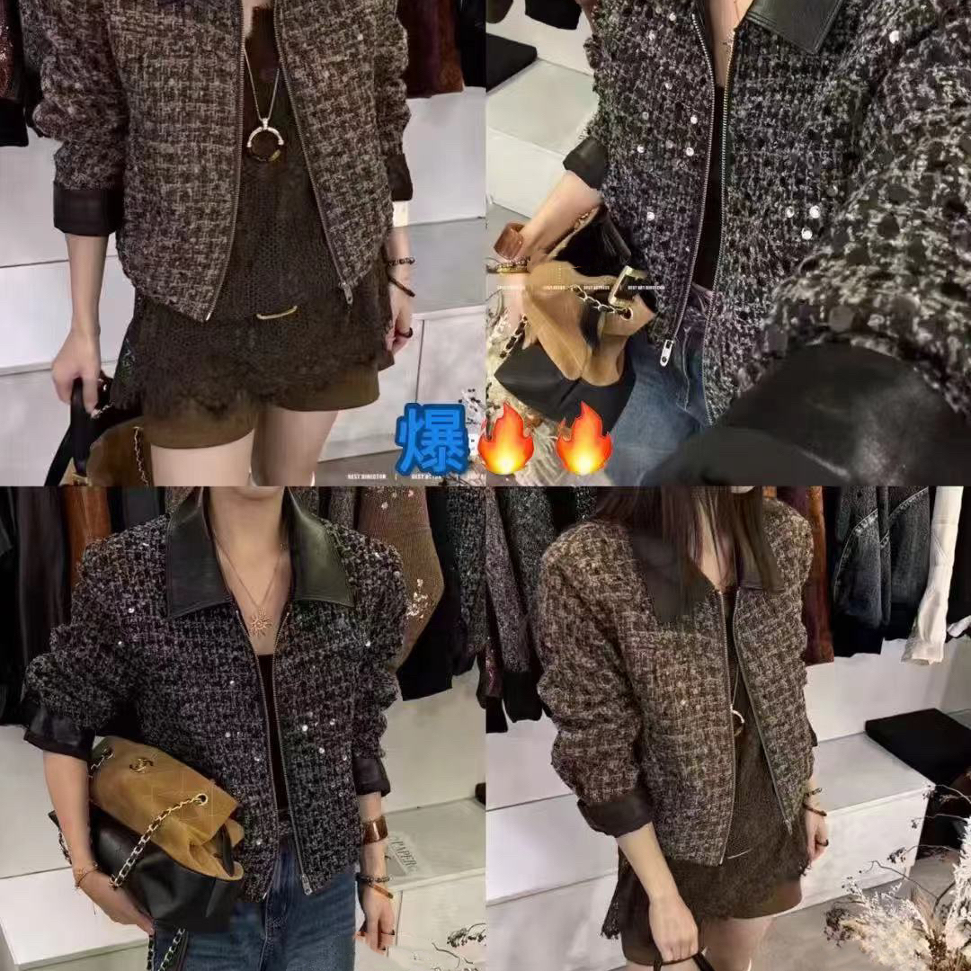 米米欧货翻领洋气亮片粗花短款拼接皮衣短外套A30559