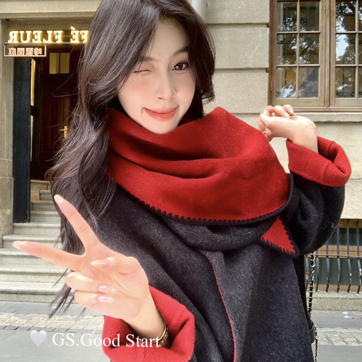 米米色大衣羊毛外套(配可拆卸围巾)(含69绵羊毛)G9030