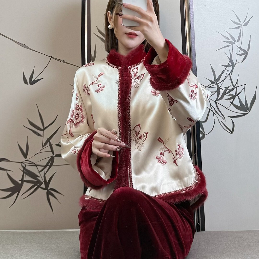 米米店冬上新重工满绣水貂外套蝶恋花棉服G231-FU3851