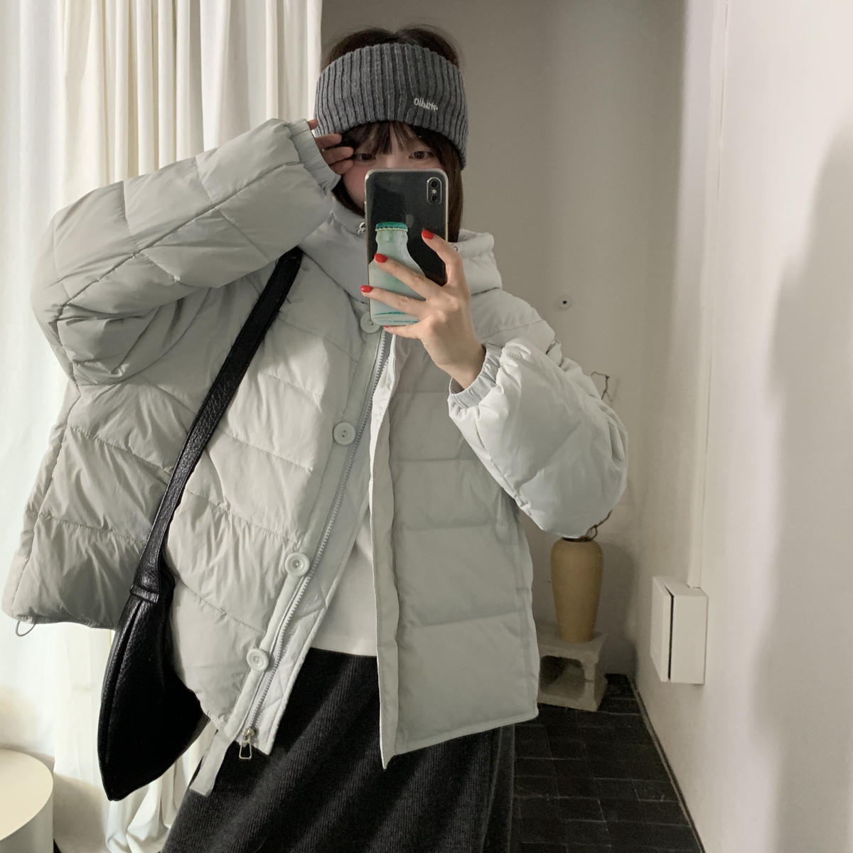 米米店福音简约立领连帽宽松蓝色显白保暖羽绒棉外套棉服1353