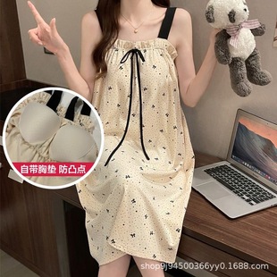 带胸垫无袖 居家女生宿舍睡衣裙 吊带睡裙女夏纯棉甜美性感可爱韩版