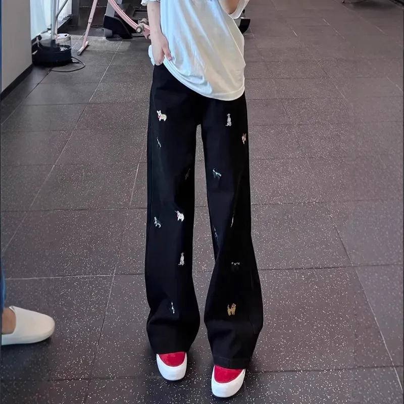 黑色线条小狗百搭弯刀牛仔裤男款美式高街vibe裤子直筒显瘦微喇裤