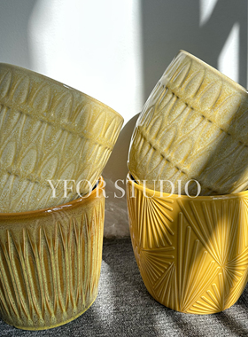 YFOR北欧风黄色系绿植盆栽客厅多肉蝴蝶兰球兰无孔线条陶瓷花盆