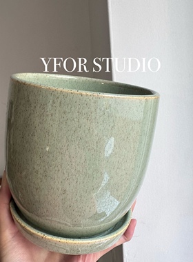 YFOR出口外贸手绘釉面浮雕绿白蝴蝶兰海芋优选托盘陶瓷盆