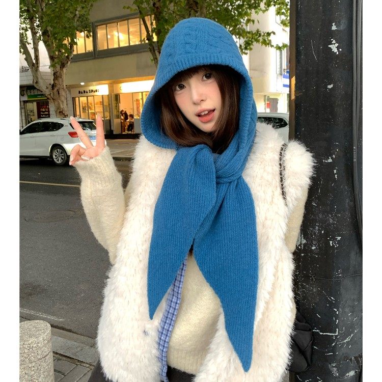 含羊毛蓝色巴拉克拉法帽字女冬天大头围护耳帽子围巾一体针织帽子